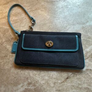 COACH Denim & Leather Trim Twist Lock Large Wristlet